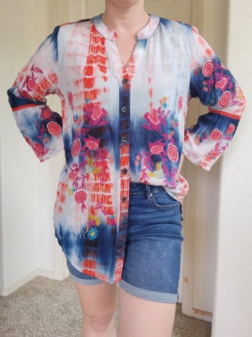 Calessa NWT Red White Blue Embroidered Floral Tunic Flow Blouse Women's Size XL